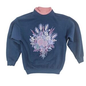 Morning Sun Vintage Navy Blue Floral Bouquet MockNeck Sweatshirt Petite USA Made
